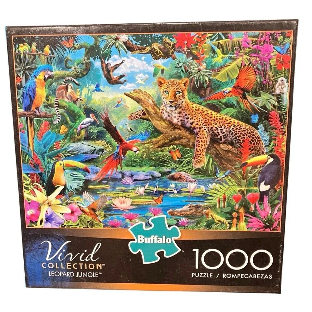Vivid Leopard Jungle 1000 Pc Puzzle Jaguar Parrots Toucan Tropical Birds Buffalo